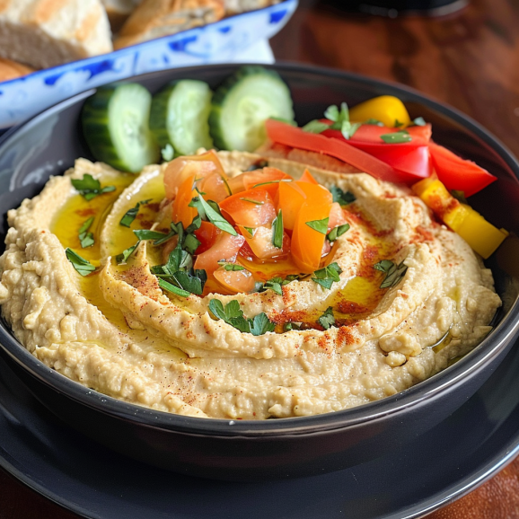 Hummus with bell peppers Zucchini blossoms