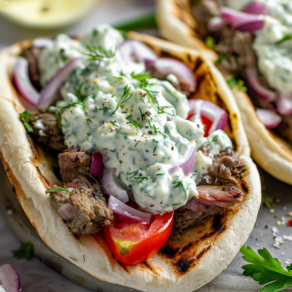 greek tzatziki sauce on a gyro Greek Pasta Salad recipe