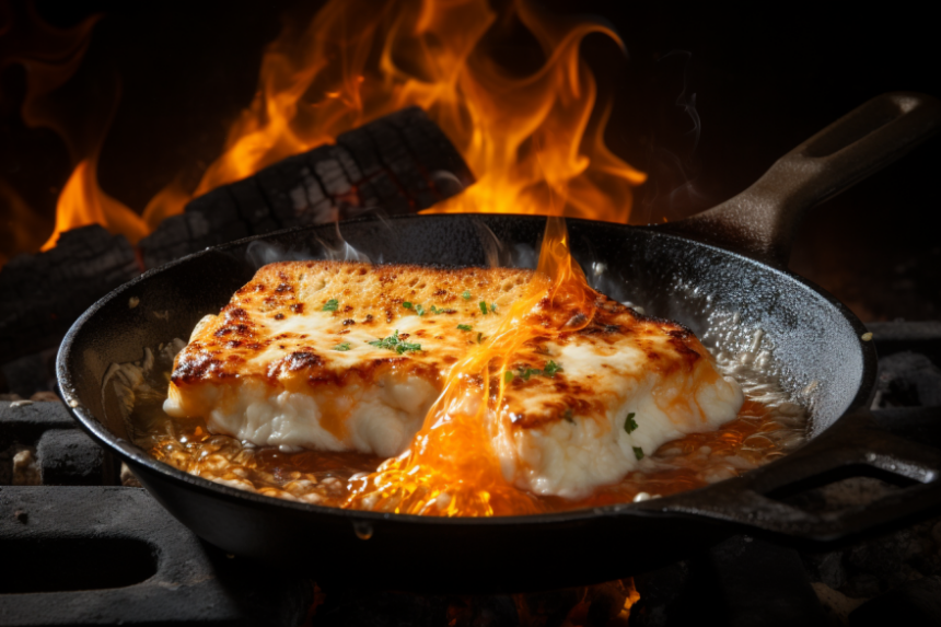 greek saganaki in a pan on fire 2